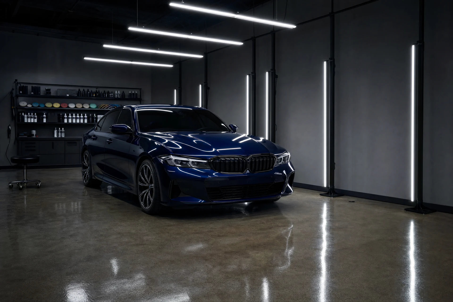 The AZ Car Automotive studio at night, a dark blue car under vertical and overhead linear inspection lights on polished concrete